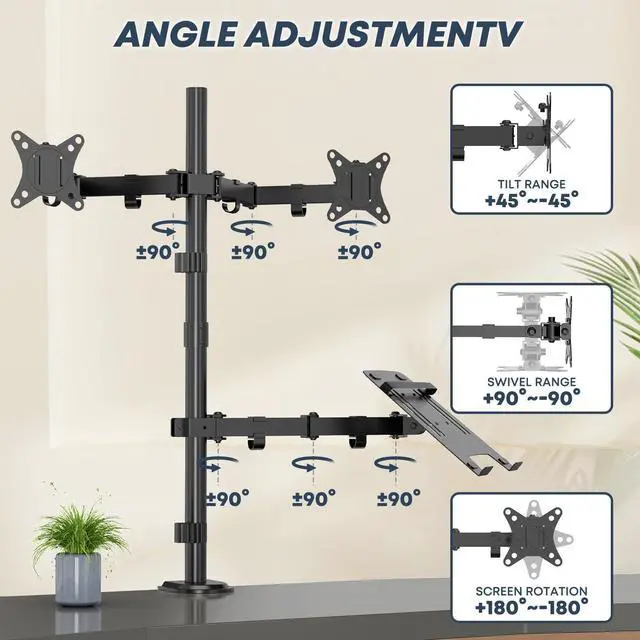 Alt view image 3 of 7 - PUTORSEN Dual Monitor Stand and Laptop Mount Fit Two 17 to 32 Inch Monitor and 10 to 15 Inch Laptop,Extra Tall Adjustable Stand,19.8 lbs Weight Capacity per Arm,Black