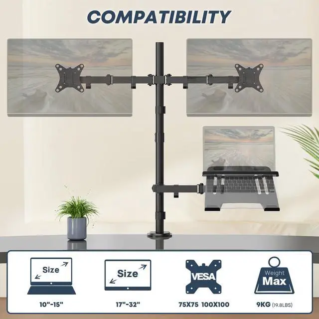 Alt view image 2 of 7 - PUTORSEN Dual Monitor Stand and Laptop Mount Fit Two 17 to 32 Inch Monitor and 10 to 15 Inch Laptop,Extra Tall Adjustable Stand,19.8 lbs Weight Capacity per Arm,Black
