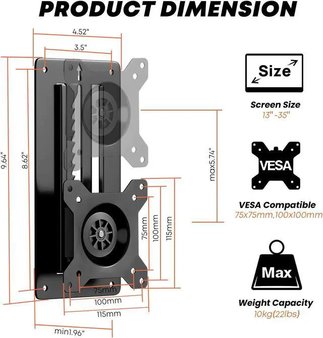 Alt view image 3 of 7 - PUTORSEN Premium Height Adjustable Monitor Wall Mount up to 35 inch Ultrawide Screens, Low Profile VESA Wall Mount Monitor Holds up to 22lbs, Full Motion Computer Monitor Mount Wall, VESA 75/100,Black