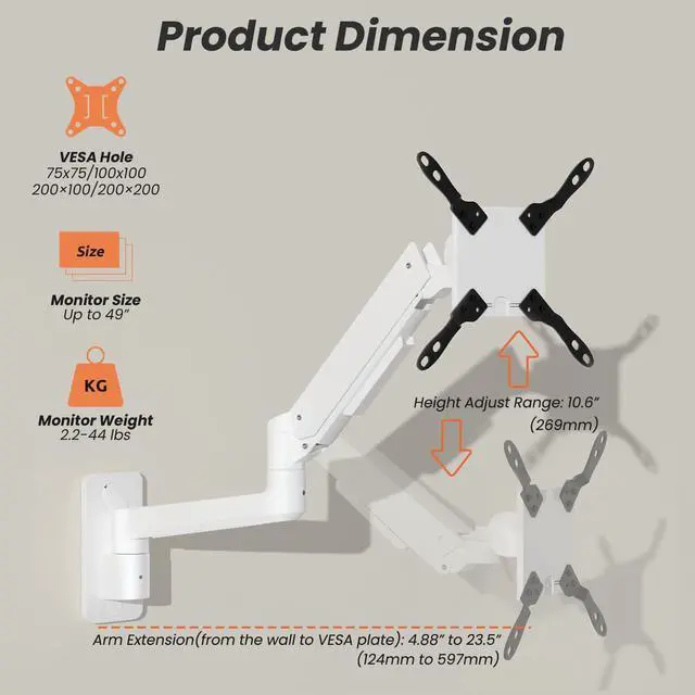 Alt view image 5 of 7 - PUTORSEN 17-49 inch Premium Ultrawide Monitor Wall Mount, Heavy Duty Single Wall Mount Monitor Arm up to 44lbs