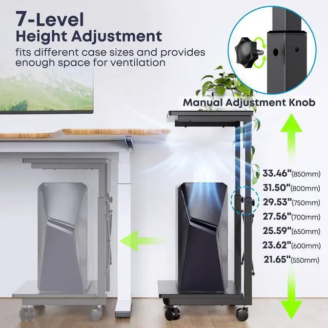 Alt view image 5 of 7 - PUTORSEN PC Tower Stand, Height Adjustable Computer Tower Stand Under Desk, 2-Tier ATX-Case PC Floor Stand, PC Holder, Under Desk Printer Stand with Rolling Wheels, Black