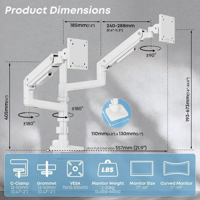 Alt view image 5 of 7 - PUTORSEN 17-49Premium Aluminum Heavy Duty Dual Monitor Arm for Ultrawide Screens up to 44lbs