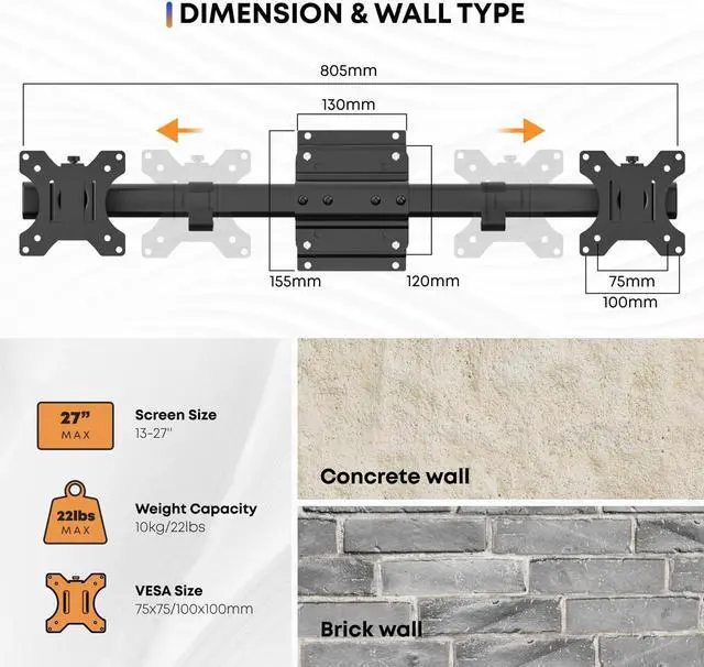 Alt view image 5 of 7 - PUTORSEN Dual Monitor Wall Mount, Horizontal Assembly Mount for 2 Monitor Screens up to 27 inches,Max. 10kg, VESA 75x75/100x100mm