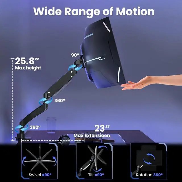 Alt view image 4 of 7 - PUTORSEN 22-57 inch Single Monitor Mount, Heavy Duty Monitor Arm Desk Mount Holds up to 59.4lbs, Fully Adjustable Ultrawide Monitor Stand with Steel Monitor Mount Reinforcement Plate, VESA75/100/200