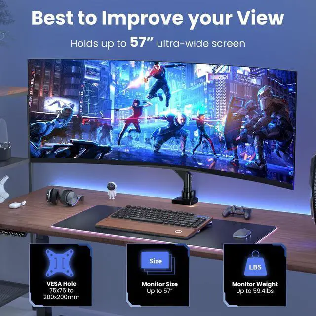 Alt view image 2 of 7 - PUTORSEN 22-57 inch Single Monitor Mount, Heavy Duty Monitor Arm Desk Mount Holds up to 59.4lbs, Fully Adjustable Ultrawide Monitor Stand with Steel Monitor Mount Reinforcement Plate, VESA75/100/200