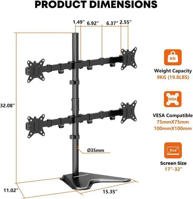 Alt view image 7 of 7 - PUTORSEN  Quad Monitor Stand, 4 Monitor Mount for 17 to 32 inch Computer Screens,Hold up to 19.8lbs Each,Fully Adjustable Stacked 4 Monitor Desk Mount,Black