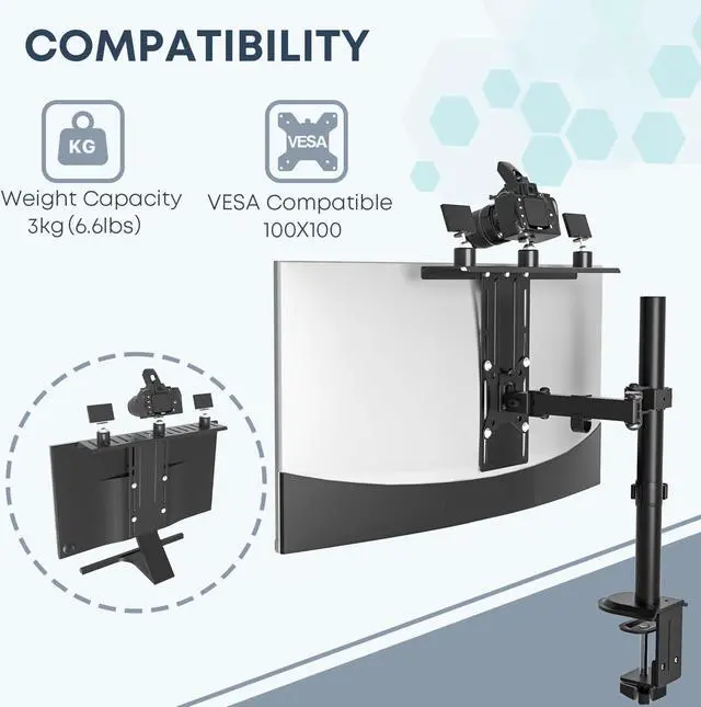 Alt view image 4 of 7 - PUTORSEN ALL-IN-ONE VESA Compatible Device Shelf Holds Cameras, Webcams, Microphones, Lighting, Fits VESA Mount 75/100mm,Height Adjustable