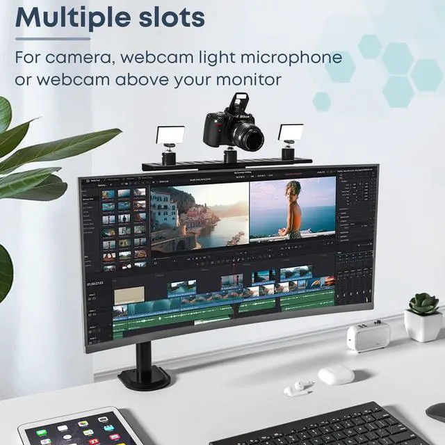 Alt view image 7 of 7 - PUTORSEN ALL-IN-ONE VESA Compatible Device Shelf Holds Cameras, Webcams, Microphones, Lighting, Fits VESA Mount 75/100mm,Height Adjustable