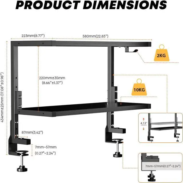 Alt view image 3 of 7 - PUTORSEN Desk Shelf Clamp-On Above or Under - 24 inch Clamp Desktop Shelf, Over or Under Table Clamp Shelf, Desk Organizer Shelf for Office Accessories, Gaming Devices, Black