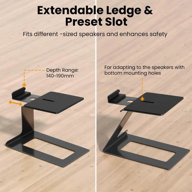 Alt view image 5 of 7 - PUTORSEN Desktop Speaker Stands Pair, Speaker Riser for Most Small & Medium Bookshelf Speakers, Computer Speakers, and Studio Monitors, Cantilevered Speaker Stand with Vibration Absorption Pad, Black