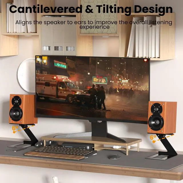Alt view image 3 of 7 - PUTORSEN Desktop Speaker Stands Pair, Speaker Riser for Most Small & Medium Bookshelf Speakers, Computer Speakers, and Studio Monitors, Cantilevered Speaker Stand with Vibration Absorption Pad, Black