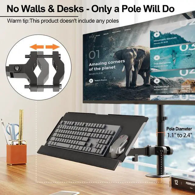 Alt view image 3 of 6 - PUTORSEN Keyboard Tray Pole Mount - PUTORSEN Keyboard Mount fits Most Standard and Oversized Keyboards, Holds up to 2.2lbs, Black