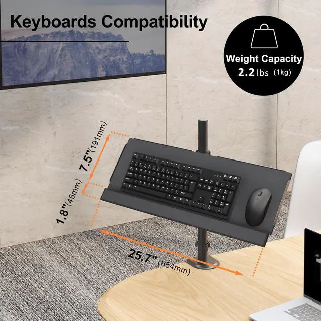 Alt view image 2 of 6 - PUTORSEN Keyboard Tray Pole Mount - PUTORSEN Keyboard Mount fits Most Standard and Oversized Keyboards, Holds up to 2.2lbs, Black