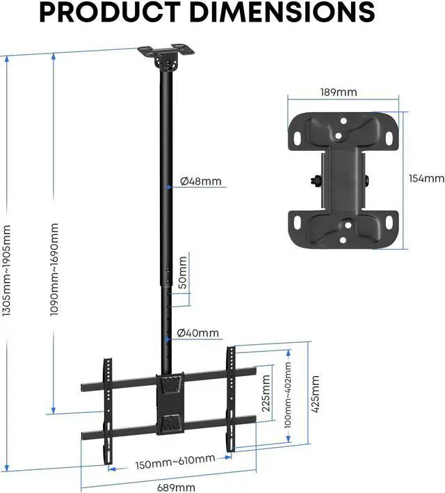 Alt view image 6 of 7 - PUTORSEN Ceiling TV Mount  Fits Most 43-86 Inch LCD, LED, OLED 4K TVs, Max VESA 600x400mm, Supports up to 132 lbs, Height Adjustable, Black