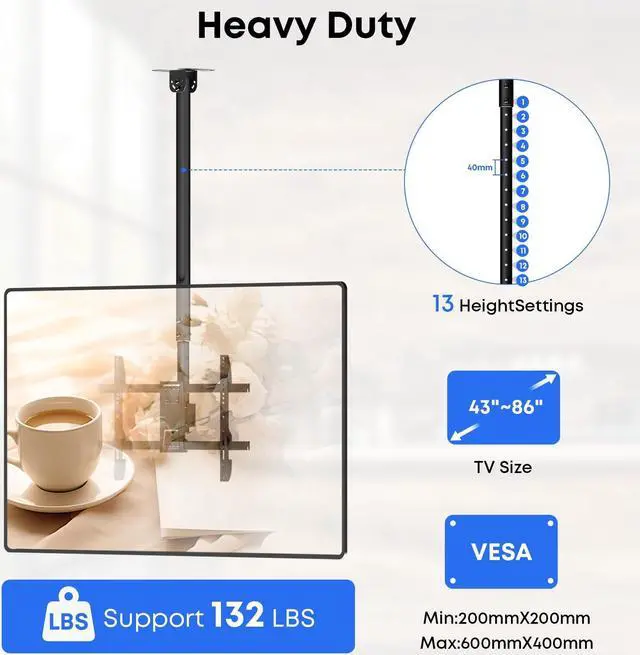 Alt view image 5 of 7 - PUTORSEN Ceiling TV Mount  Fits Most 43-86 Inch LCD, LED, OLED 4K TVs, Max VESA 600x400mm, Supports up to 132 lbs, Height Adjustable, Black