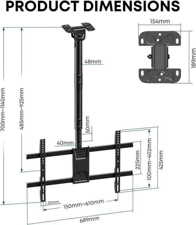 Alt view image 5 of 6 - PUTORSEN Ceiling TV Mount  Adjustable Hanging Ceiling TV Bracket Fits Most 43-86 inch LCD LED OLED 4K TVs,Pole Ceiling Mount Supports up to 132lbs, Max VESA 600x400mm,Black