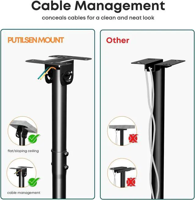 Alt view image 4 of 6 - PUTORSEN Ceiling TV Mount  Adjustable Hanging Ceiling TV Bracket Fits Most 43-86 inch LCD LED OLED 4K TVs,Pole Ceiling Mount Supports up to 132lbs, Max VESA 600x400mm,Black