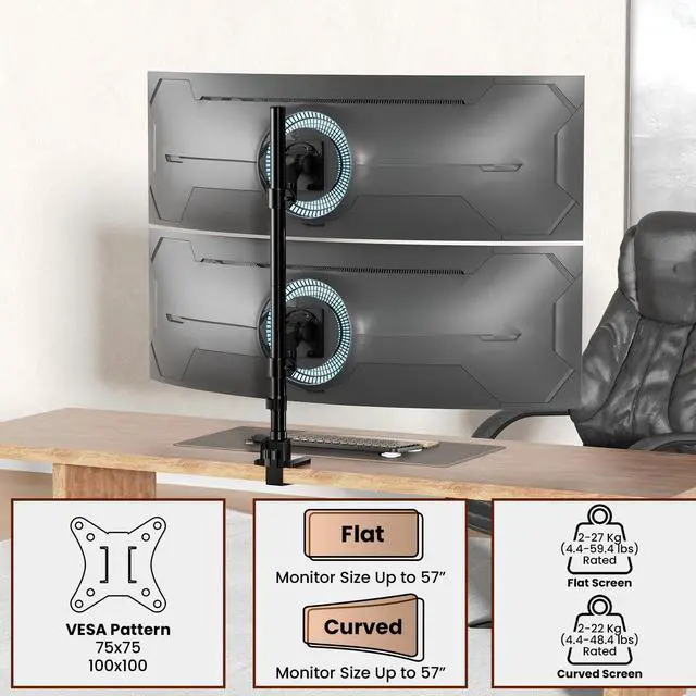 Alt view image 4 of 7 - PUTORSEN Dual Monitor-Arm Ultrawide Heavy Duty - 27-57 inch Vertical Dual Monitor Mount, Adjustable Stacked Double Monitor Desk Mount Stand, Max Load 59.4 lbs (per Screen), VESA 75 100 mm, Black