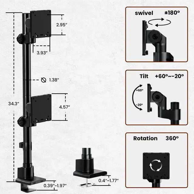 Alt view image 5 of 7 - PUTORSEN Dual Monitor-Arm Ultrawide Heavy Duty - 27-57 inch Vertical Dual Monitor Mount, Adjustable Stacked Double Monitor Desk Mount Stand, Max Load 59.4 lbs (per Screen), VESA 75 100 mm, Black
