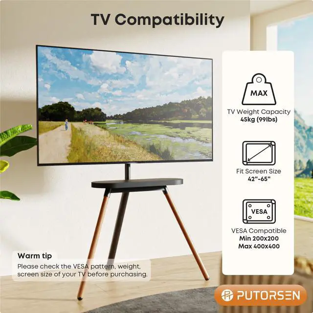 Alt view image 3 of 7 - PUTORSEN Easel TV Stand for 42 43 to 65 Inch LED LCD OLED Screens Height Adjustable TV Floor Stand, Concealed Cable Management, Max Load 99lbs, Black