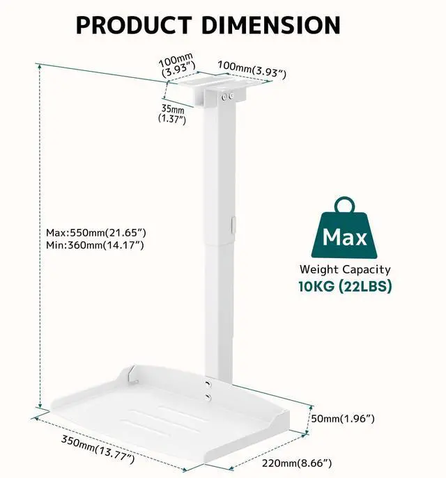 Alt view image 3 of 6 - PUTORSEN Projector Ceiling Mount with Tray, Adjustable Height Universal Bracket with Concealed Cable Management, No Hole Installation, Holds up to 22 lbs  Ideal for Home Theater & Office (White)