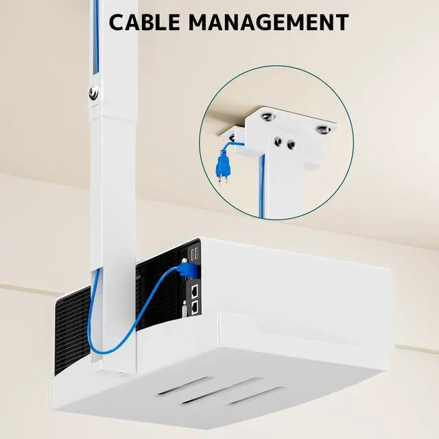 Alt view image 4 of 6 - PUTORSEN Projector Ceiling Mount with Tray, Adjustable Height Universal Bracket with Concealed Cable Management, No Hole Installation, Holds up to 22 lbs  Ideal for Home Theater & Office (White)