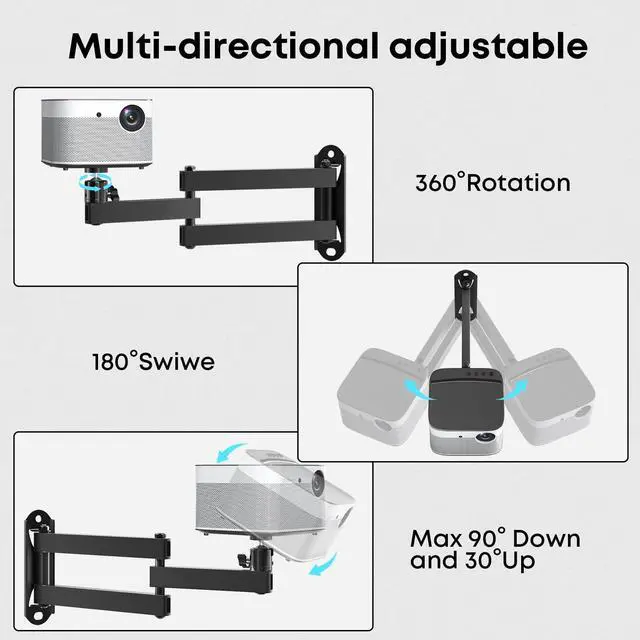 Alt view image 4 of 7 - PUTORSEN Foldable Projector Wall Mount,Ceiling Wall Projector Mount,Universal Adjustable Projector Mount,Aluminum Alloy Projector Stand 1/4" Screw Size,360 Degrees Rotation