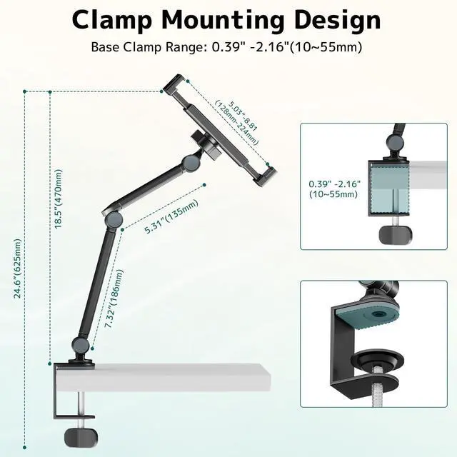 Alt view image 6 of 7 - PUTORSEN Tablet Stand Holder for Desk,Adjustable Flexible Phone Tablet Holder with 360° Rotation, Tablet Desk Clamp Mount Compatible with 4.7"-12.9" iPad, iPhone, Kindle, Black