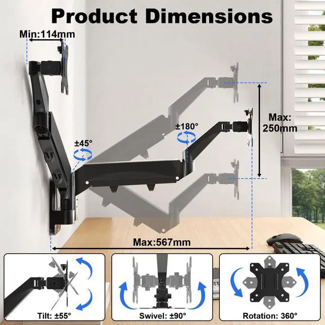 Alt view image 4 of 7 - PUTORSEN Dual Monitor Wall Mount for Screens up to 32 inch, Fully Adjustable Tilt Swivel Arms Supporting 19.8 lbs, Closer to Wall, VESA 75 or 100mm