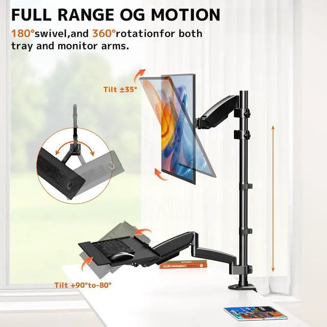 Alt view image 3 of 7 - PUTORSEN Sit Stand Monitor Desk Mount for 17-32 inch Screens, Height Adjustable, Full-Motion Arm with Keyboard Tray and Cable Management, Black