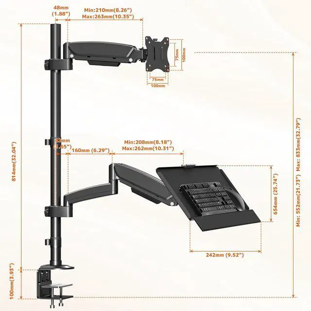 Alt view image 7 of 7 - PUTORSEN Sit Stand Monitor Desk Mount for 17-32 inch Screens, Height Adjustable, Full-Motion Arm with Keyboard Tray and Cable Management, Black