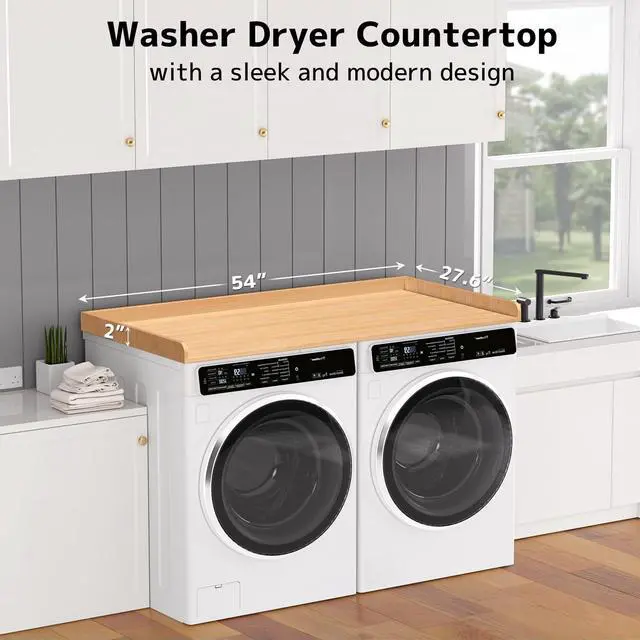 Alt view image 2 of 7 - PUTORSEN Washer Dryer Countertop 54''W x 27.5" D - Wood Laundry Countertop with Edge Rails, Space-Saving Washer Dryer Topper for Laundry Room Organization and Storage, MDF, Light Wood