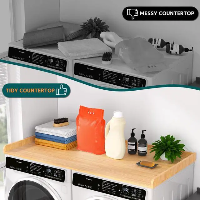Alt view image 3 of 7 - PUTORSEN Washer Dryer Countertop 54''W x 27.5" D - Wood Laundry Countertop with Edge Rails, Space-Saving Washer Dryer Topper for Laundry Room Organization and Storage, MDF, Light Wood