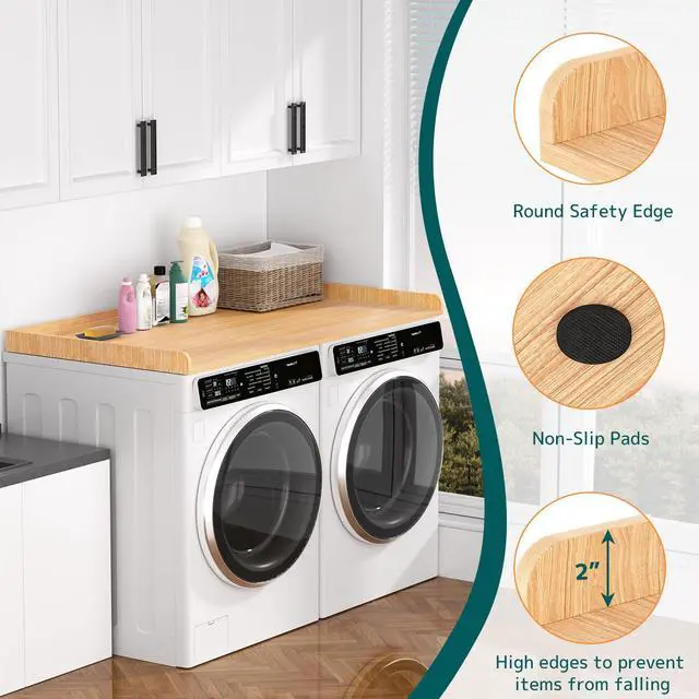 Alt view image 5 of 7 - PUTORSEN Washer Dryer Countertop 54''W x 27.5" D - Wood Laundry Countertop with Edge Rails, Space-Saving Washer Dryer Topper for Laundry Room Organization and Storage, MDF, Light Wood
