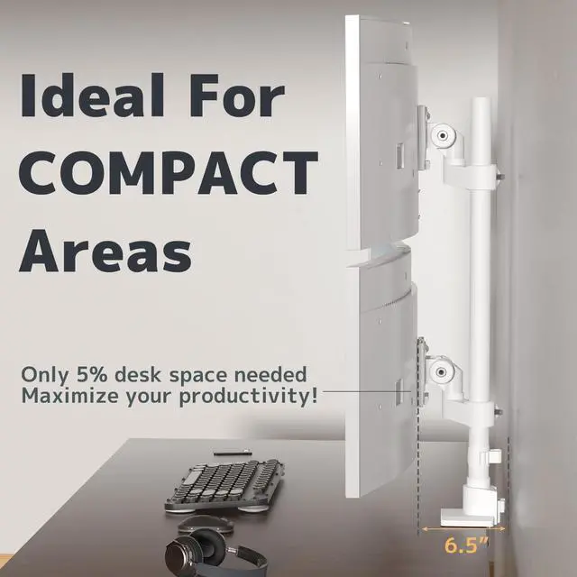 Alt view image 3 of 7 - PUTORSEN Dual Monitor-Arm Heavy Duty Ultrawide - 24-57 inch Vertical Dual Monitor Mount, Adjustable Stacked Double Monitor Desk Mount Stand, Max Load 59.4 lbs (per Screen), VESA 75/100 mm, White