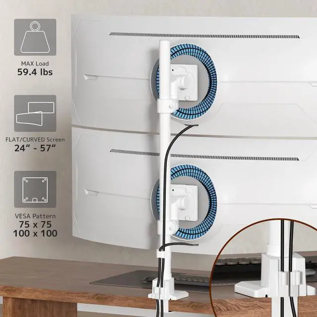 Alt view image 4 of 7 - PUTORSEN Dual Monitor-Arm Heavy Duty Ultrawide - 24-57 inch Vertical Dual Monitor Mount, Adjustable Stacked Double Monitor Desk Mount Stand, Max Load 59.4 lbs (per Screen), VESA 75/100 mm, White