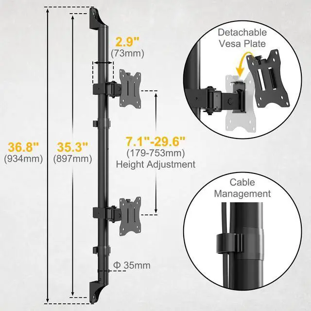 Alt view image 5 of 7 - PUTORSEN Dual Monitor Wall Mount - Vertical Stacked Monitor Wall Mount for 17-32 inch Screens,Holds up to 19.8 lbs per Monitor,VESA 75x75/100x100mm,Black