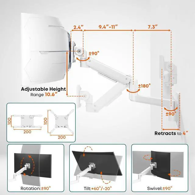 Alt view image 6 of 7 - PUTORSEN Ultrawide Monitor Wall Mount - Heavy Duty Monitor Arm for Screen up to 57 inches and 44 lbs with Gas Spring, Full Motion Adjustable, Max VESA 200x200