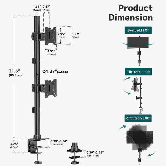 Alt view image 4 of 7 - PUTORSEN Dual Vertically Stacked Ultrawide Monitor Desk Mount 17-49 Inch - Extra Tall Heavy Duty Adjustable Monitor Arm for 2 monitores,Weight 2-20 kg per Arm,VESA 75/100 mm