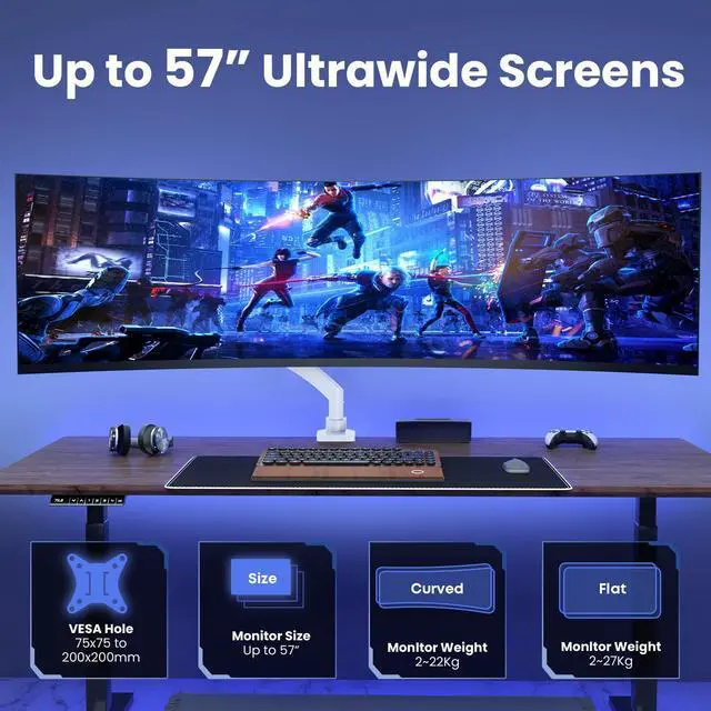 Alt view image 2 of 7 - PUTORSEN Ultrawide Monitor-Arm Heavy Duty 22-57 - PUTORSEN Aluminum Single Monitor Mount Holds up to 59.4 lbs, Premium Adjustable Desk Mount Stand, VESA 75/100/200 mm, White