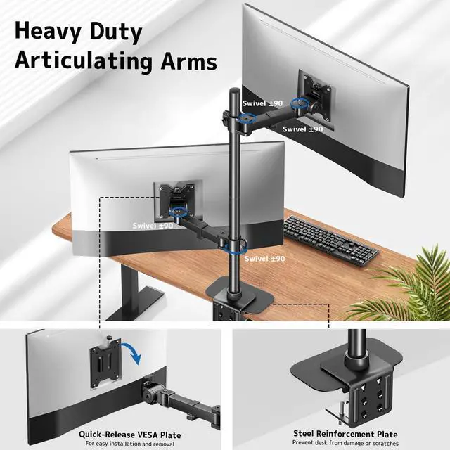 Alt view image 5 of 7 - PUTORSEN 17-49 Inch Vertical Monitor Stand, Dual Stacked Monitor Mount, Max Load 44 lbs Each, 31.7'' Long Pole Stand, VESA 75/100mm, Black