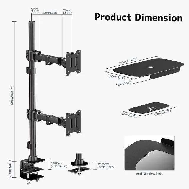 Alt view image 6 of 7 - PUTORSEN 17-49 Inch Vertical Monitor Stand, Dual Stacked Monitor Mount, Max Load 44 lbs Each, 31.7'' Long Pole Stand, VESA 75/100mm, Black