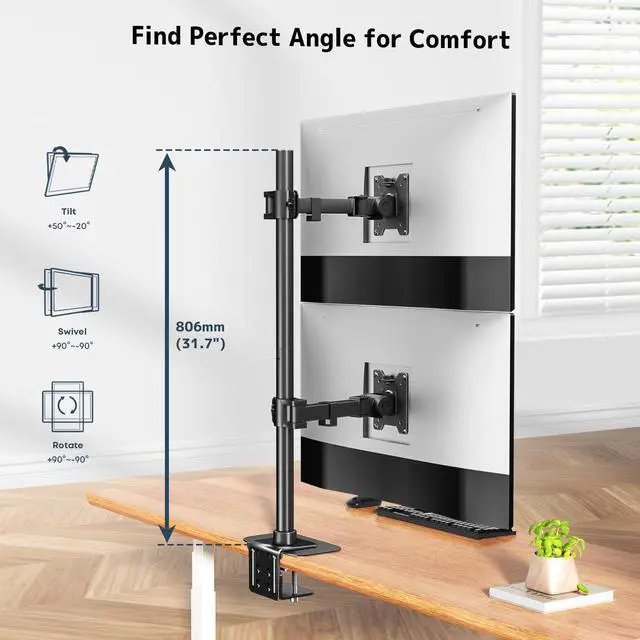 Alt view image 4 of 7 - PUTORSEN 17-49 Inch Vertical Monitor Stand, Dual Stacked Monitor Mount, Max Load 44 lbs Each, 31.7'' Long Pole Stand, VESA 75/100mm, Black