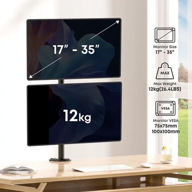 Alt view image 3 of 7 - PUTORSEN Vertical Dual Monitor Stand - Stacked Monitor Mount for 2 Screens up to 35" Size, 26.5 lbs Max Capacity, with Height Adjustable Extra Tall Pole, VESA 75/100mm