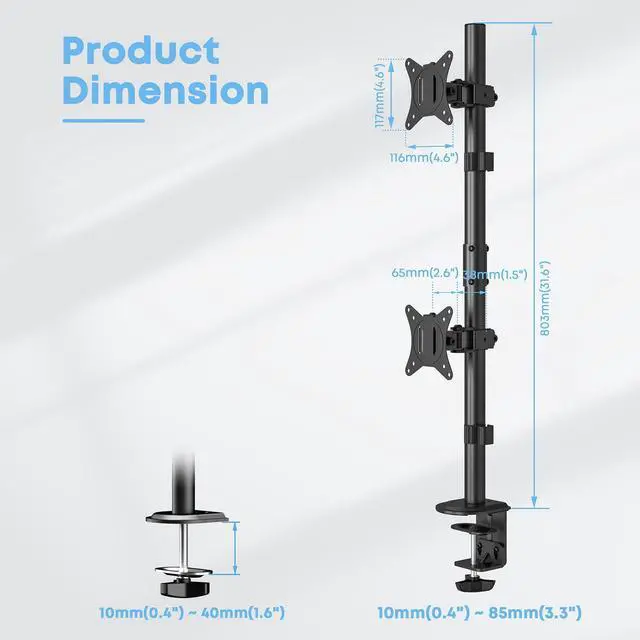 Alt view image 6 of 7 - PUTORSEN Vertical Dual Monitor Stand - Stacked Monitor Mount for 2 Screens up to 35" Size, 26.5 lbs Max Capacity, with Height Adjustable Extra Tall Pole, VESA 75/100mm
