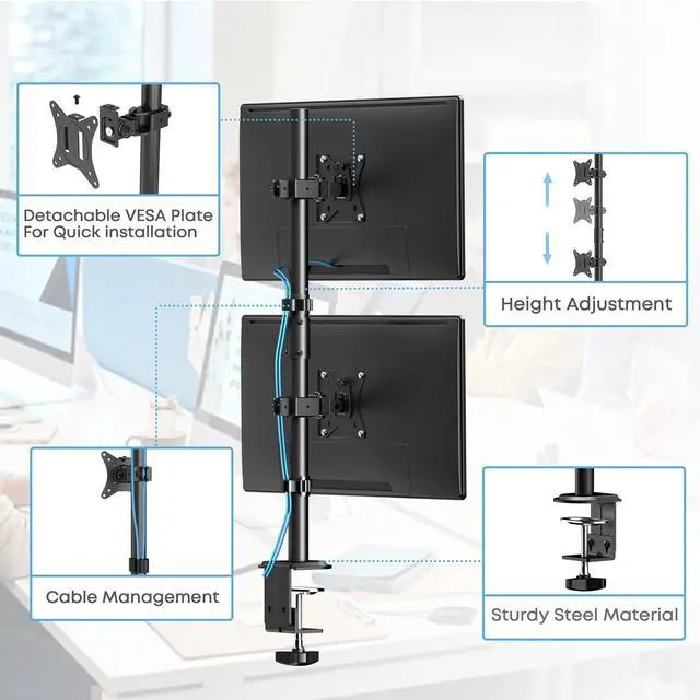 Alt view image 4 of 7 - PUTORSEN Vertical Dual Monitor Stand - Stacked Monitor Mount for 2 Screens up to 35" Size, 26.5 lbs Max Capacity, with Height Adjustable Extra Tall Pole, VESA 75/100mm