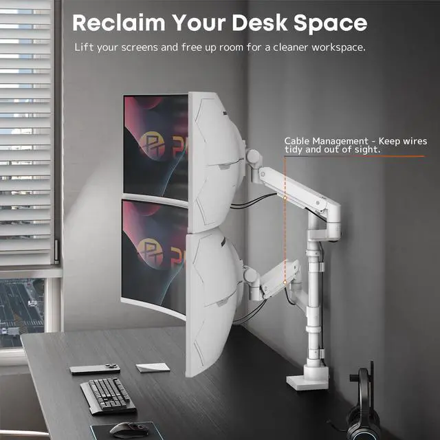 Alt view image 6 of 7 - PUTORSEN Dual Monitor-Arm Heavy-Duty for 17-57-Inch Screens - Ultrawide Vertical Dual Monitor Mount, Fully Adjustable Stacked Double Monitor Desk Mount Stand, Max Load 44 lbs per Screen
