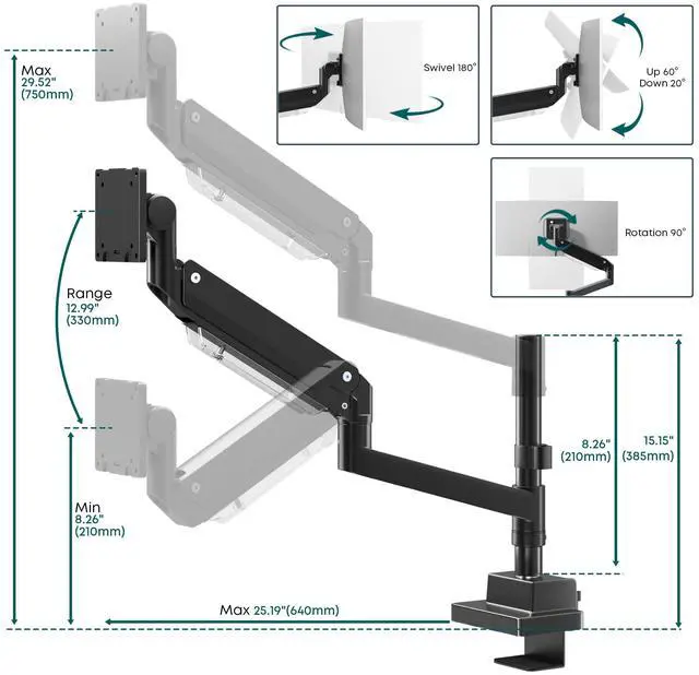 Alt view image 5 of 7 - PUTORSEN Single Monitor-Arm Heavy Duty for 24-57-inch - Ultrawide Aluminum Single Pole Monitor Mount