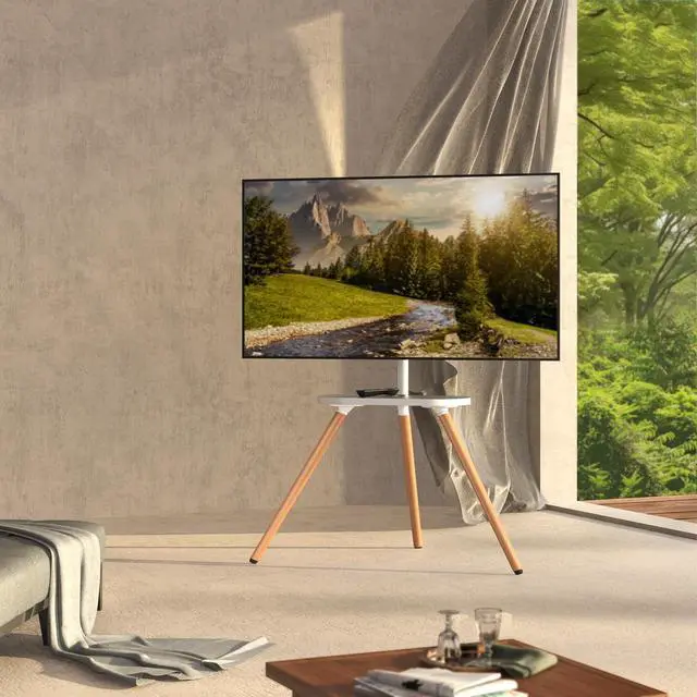Alt view image 7 of 7 - PUTORSEN Easel TV-Stand for 43-65-Inch Screens - Portable Swivel Tripod TV Stand with Wooden Tray, Height Adjustable TV Floor Stand