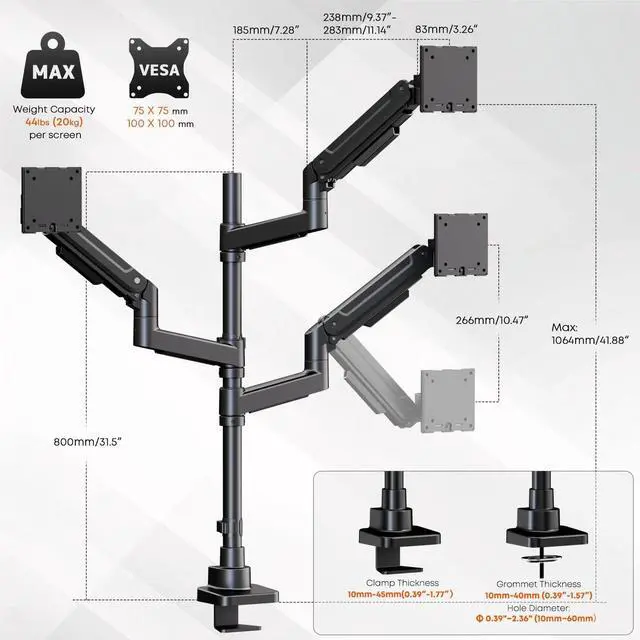 Alt view image 4 of 7 - PUTORSEN Triple Monitor Mount for 17-49-inch Screens - Heavy Duty Triple Monitor Arm Desk Mount for Ultrawide Monitors, Fully Adjustment, Max Load 20KG per Screen, VESA 75x75 / 100x100 mm